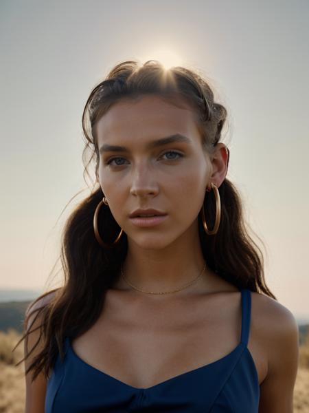 A beautiful r4ch3lc woman, 1girl,solo,looking at viewer,brown hair,dress,jewelry,collarbone,upper body,earrings,outdoors,sky,day,dark skin,dark-skinned female,blue sky,lips,sunglasses on head,hoop earrings,realistic,adjusting eyewear,soft lighting, professional Photography, Photorealistic, detailed, RAW, analog, sharp focus, 8k, HD, high quality, masterpiece<lora:r4ch3lc:1.0>