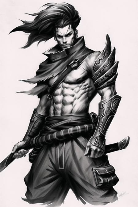 highly detailed, beautiful, small details, ultra detailed, best quality, digital illustration, detailed, intricate, 4k, good anatomy, intricate details, masterpiece, (illustration:1.1), highres, masterpiece, detailed shadows, amazing detail, yasuo, league of legends, yasuo_(league_of_legends), weapon, monochrome, 1boy, solo, male focus, sword, greyscale, ponytail, long hair, manly, holding, scar, upper body