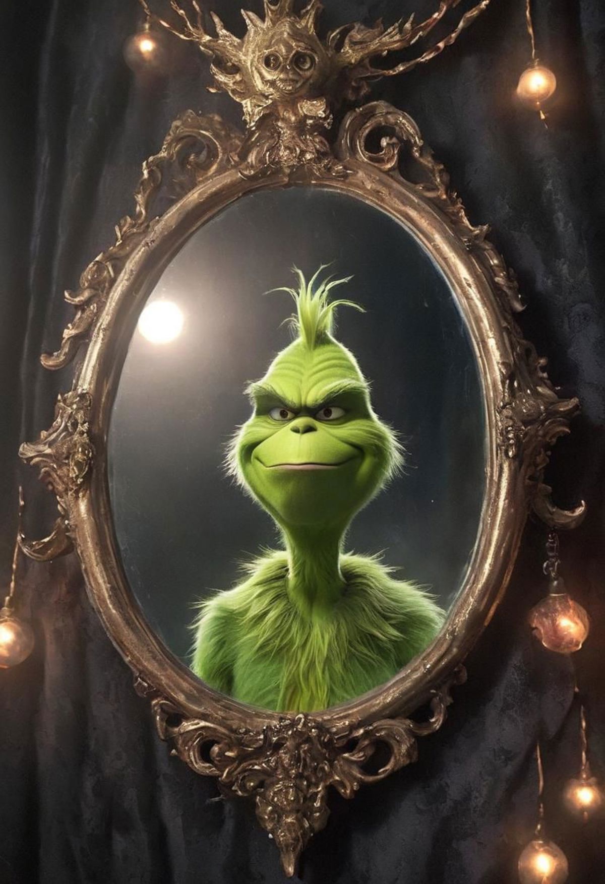 A green Grinch character is reflected in a mirror.