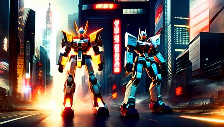 Photo of Gundam standing in scifi city a society where people can control the elements [scifi|fantasy], (cubismcubed style:0.5) (endgate style:0.5) (blackholeengine:1) (gundamcityscape:1) <lora:djzCubismCubed_LB2:0.4> <lora:djzEndGate_LB2:0.4>