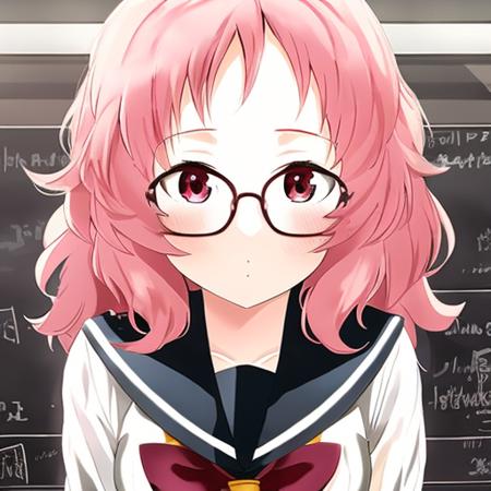 1girl, ai_mie, glasses, pink hair, sailor color, serafuku, school uniform, school, <lora:ai-mie-v2:1>