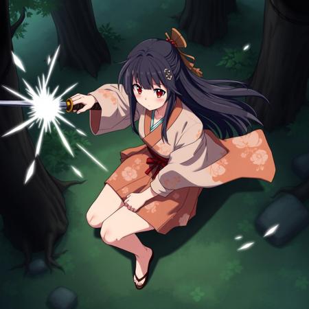 score_9,score_8_up,score_7_up,score_6_up,masterpiece, source_anime,
1girl,ahoge,black long hair,hair intake,mature female,
legs folded,sitting,hand holding katana,
dynamic pose,dynamic angle,from above,wide shot,fighting pose,battoujutsu stance,slashing,shockwave,sparkle,aura,glowing hand,
forest,edo japan,
jyojifuku,short yukata, short kimono,miniskirt, floral print, hair ornament, obi, wide sleeves,
blush,