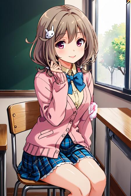 (masterpiece, best quality:1.2), solo, 1girl, kazemachi haruka, smile, looking at viewer, sitting, chair, hands on own thighs, rabbit hair ornament, school uniform, cardigan, blue bow, blue skirt, plaid, indoors, classroom <lora:girlfriendbeta_kazemachi-10:0.8>