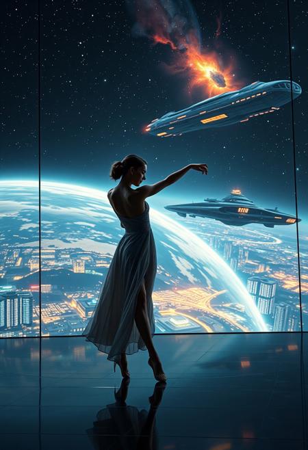 a beautiful elegant female dancer is dancing on a futuristic stage micro-LED lighted, behind the dancer on the stage is an enormous seamless and futuristic wall to wall and floor to ceiling window that looks out at a planet from low orbit, the planet is covered with the lights of enormous buildings and cities, An enormous deco starship with futuristic lighting and an enormous space station are visible in the background among the stars, Artistic art deco, dynamic perspective, (((overall architectural aesthetic is Art Deco Cyberpunk))).  Epic image that elicits a feeling of wonder and awe, nebula in distance, extreme detail with city and lights,
