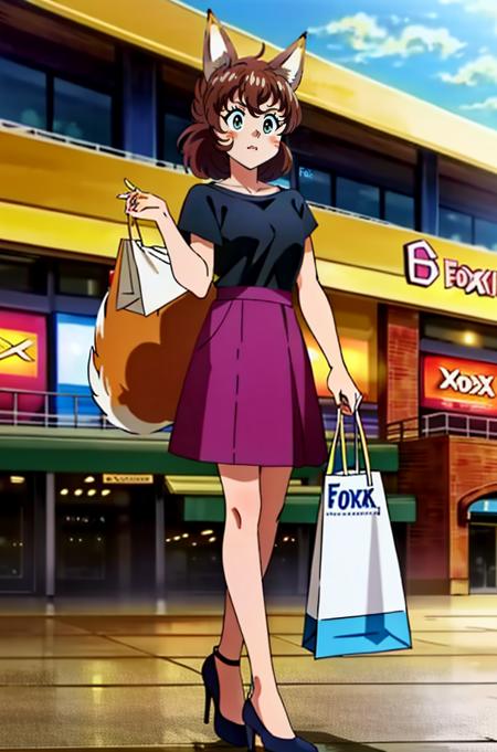 1girl, solo, KotoCzar, (fox ears, small fox tail, auburn hair, whisker markings), (purple skirt, black t-shirt, high heels), (full body, standing, shopping mall, holding shopping bags), (masterpiece:1.2), hires, ultra-high resolution, 8K, high quality, (sharp focus:1.2), clean, crisp, cinematic, <lora:Koto-v1:0.7>