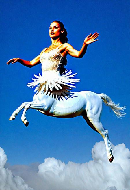 fictional character, raw photo of female centaur Pegasus ballerina, feathers tutu, dancing and prancing and jumping in flexible extravagant pose, white winged horse lower body, horse tail, hoofs, in the sky upon the clouds
Seed: 3948260262, Dimensions: 768x1024, Sampler: ddim, Inference Steps: 35, Guidance Scale: 7, Model: lunamia5, VAE: sdxl_vae, Negative Prompt: Monochromatic, blurry and fuzzy, chaos, compositional disorganisation, simple perspective, collage, distorted or deformed, (phantom limbs)+, bad anatomy, perfect skin+, cartoon rendering 3d doll, (additional limbs)+, (deformed or partially rendered face, deformed or partially rendered eyes, deformed or partially rendered hand gestures)+, broken or deformed geometry, cropped text watermark signature logo copyright artifacts noise, low resolution, partially rendered objects, deformed eyeballs, Lora Model: centaur/centaurx-000012, Lora Strength: 0.7