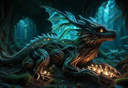 midjourneyv6.1, PG-TR, glowing cave nursery inside a giant tree root system, soft firelight and bioluminescence, 
(1 young dragon), wings formed from fractalized root membranes, scales made of bark and amber crystals, 
tiny glowing mushrooms on its horns, curled in a nest of moss and enchanted vines, 
surrounded by floating glyphs and protective light spores, curious eyes looking up at the viewer