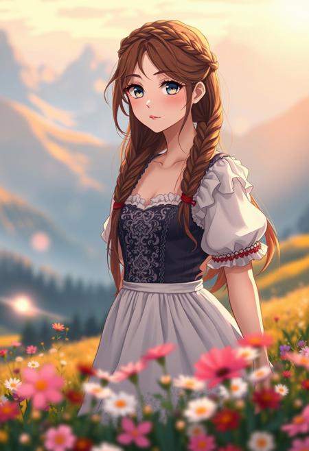 High-resolution anime-style illustration with impressionistic influences, a young woman standing in an alpine meadow, soft warm light filtering through the misty mountains. She wears a beautifully detailed dirndl with a corset, the embroidered fabric flowing around her as the breeze catches her skirt. Her long, chestnut-brown hair is styled into an intricate braided crown, loose strands framing her serene expression. A blurry foreground of wildflowers adds depth, vibrant colors blending into soft, painterly brushstrokes. The sky glows with warm pastels, distant peaks fading into atmospheric haze, creating a dreamlike, tranquil scene <lora:oilpaintzver5:0.8> <lora:ILLUSTRATION_(FLUX)_-_V3.1:0.4> <lora:Anime_v1.3:0.6>
