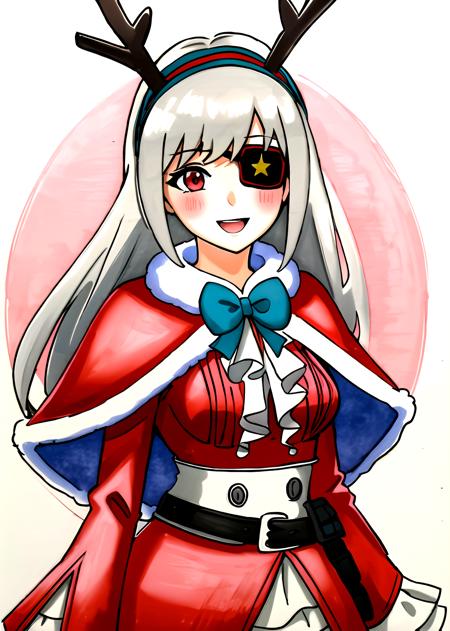 1girl, solo, christmas, long hair, eyepatch, fur trim, red eyes, santa costume, antlers, capelet, bow, hairband, looking at viewer, white hair, simple background, red capelet, pantyhose, belt, grey hair, smile, black pantyhose, fur-trimmed capelet, fake antlers, christmas_background, dress, long sleeves, bangs, skirt, blush, bowtie, closed mouth, upper body, star (symbol), open mouth, frills, reindeer antlers, breasts, standing,  cape, red dress, medium breasts, pink background, , ,, , red skirt, long_hair,upper_body,,<lora:reinaFortnite-09:0.7>  <lora:OmarDogan_08v2:0.6>