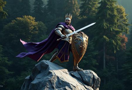 Majestic knight in dynamic stance on jagged gray rock. Regal purple and gold armor, detailed crown. Wielding sword and shield. Against a lush, contrasting forest backdrop. Highly intricate details, sharp focus. Dramatic, captivating lighting. Impeccable composition, creative angle, golden ratio. Matte painting | Splash ink illustration | Octane Render | Unreal Engine 5 | Hint of Raphael and Houdini styles. 4k, High resolution, Masterpiece, Trending on Artstation HQ, CGSociety.
