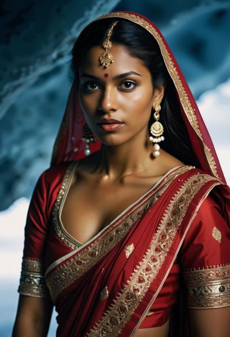analogue portrait photo of a beautiful 25 years old Tamil woman, clear focus, high resolution image, ,Wearing traditional Indian clothes Sari,photo Fantasy art combining the styles of Boris Vellejo and Luis Royo,Photorealistic, real photo, god rays, 1girl, 21yo,realistic, ,Sexy pose, erotic pose, exhibitionism ,Arctic ice cave