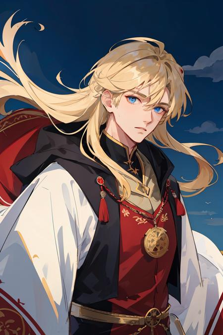 ((masterpiece:1.2, best quality)), 1 male, adult, tall muscular guy, broad shoulders, handsome, long blonde hair, blue eyes, Wizard Robes, richly embroidered cloak, portrait, extremely detailed face, swirling wind, dusk, magnificent cloud