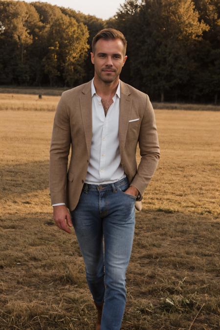 (full length shot) photo of matthew_bosch standing on a farm <lora:matthew_bosch-07:1>, wearing well-fitted smart casual clothes, wearing earth-toned , crisp white shirt, blazer, dark denim jeans, stylish sturdy boots, respectful and grounded mood, soft early morning light, warm glow, dawn