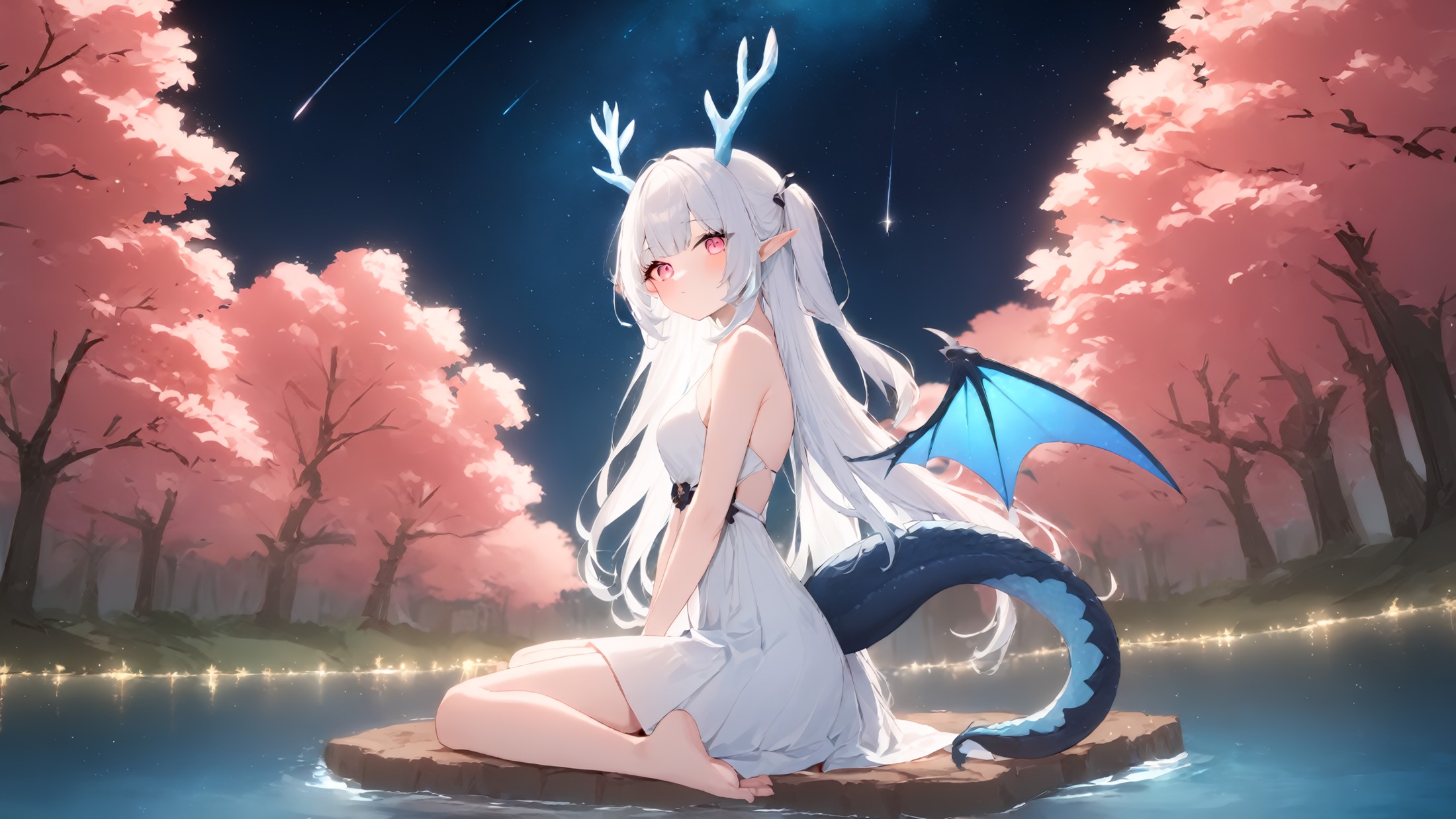 1girl,
masterpiece, best quality, recent, newest, absurdres, sensitive,
horns, solo, long hair, wings, night, sitting, sky...