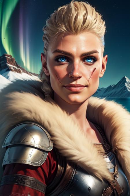 Eivor, left cheek scar, blonde hair, blonde hair,  hair to side,   blue eyes, 
armor , leather armor, fur trim,jewelry,    smile, 
upper body, standing,  looking at viewer,  
northern lights, mountains, cold, 
(insanely detailed, beautiful detailed face, masterpiece, beautiful detailed eyes, best quality) 
 <lora:Eivor-10v6:0.8>