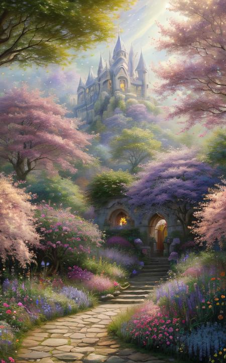 ethereal fantasy concept art of  ((best quality:1.4)), ((masterpiece:1.4)), (detailed:1.3), 8K, vibrant flower garden in full bloom, diverse species of flowers, rich and varied colors, butterflies and bees hovering, dew-covered petals, (sunlit:1.3), (soft bokeh background:1.4), peaceful and serene atmosphere, intricate leaf and petal details, in the style of Claude Monet, low-angle shot. . magnificent, celestial, ethereal, painterly, epic, majestic, magical, fantasy art, cover art, dreamy