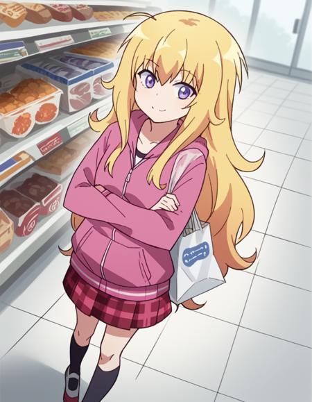 <lora:gabriel-tenma-white-s1-ponyxl-lora-nochekaiser:1>, gabriel tenma white, long hair, blonde hair, purple eyes, ahoge, skirt, school uniform, jacket, shoes, socks, hood, plaid, hoodie, plaid skirt, black socks, pink hoodie,