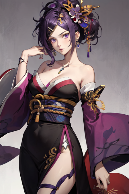 NohimeWarriors, 1girl, solo, large breasts, hair ornament, cleavage, bare shoulders, jewelry, purple eyes, purple hair, earrings, detached sleeves, japanese clothes, kimono, 