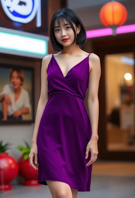 A 19-year-old Taiwanese woman with a black bob haircut, wearing a purple deep V-neck sleeveless dress and purple high-heeled open-toe sandals.
FHD, Rich in details, masterpiece.