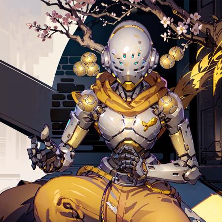 zen, floating, meditative position, omnic, robot, brown scarf, yellow pants, robot parts, male focus, (masterpiece, highly detailed), no humans, sitting in grass, sakura blossoms, eyes, slanted eyes, droopy eyes, overwatch, zenyatta, solo,  <lora:Zenyatta:1>