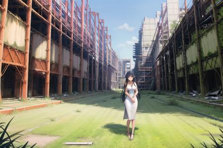 (masterpiece:1.2),best quality,illustration,beautiful detailed girl,

(looking at viewer),closed mouth,
(full body,standing:1.0),(very wide shot:1.2),
medium breasts,long hair, black hair,white long sundress,
(factory ruins:1.1),day,outdoors,(steel:1.1),grass,rubble,
<lora:FactoryRuins_v10:0.4>