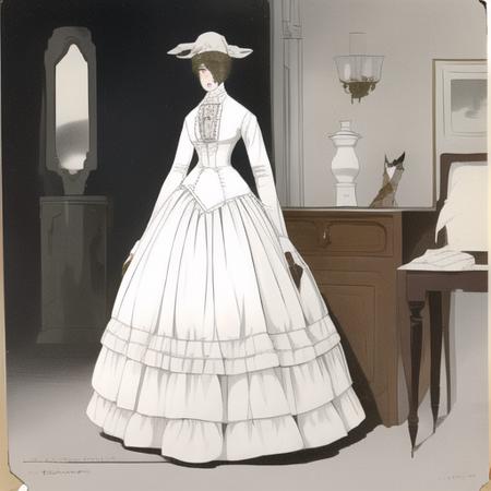 <lora:fashionplate:1>, fashion plate, victorian, 1860s, white dress, indoors, ball gown