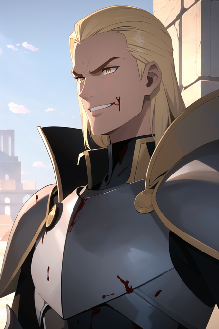 outdoors, ruins,
1boy, male focus, armor, blonde hair, yellow eyes, long hair, 1boy, full armor,  breastplate, male focus, blood, solo focus, knight, portrait, angry, smiling
, ((masterpiece))
<lora:western_animation_style:1>