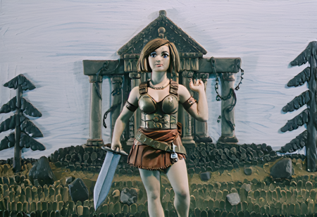 A Clay Painting of a barbarian woman standing in front of an ruined temple, wearing a metal breastplate, loincloth, holding a sword. There is rubble scattered everywhere, trees in the background.