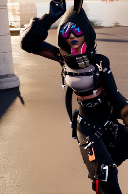 A high quality unreal engine render of Fortnite_Highwire, (Bunny Version:1.4), Hood Up, Sunglasses, Straps, Catsuit, Croptop, Long Sleeves, Bare Midriff, Hip Belt, Hip Holster, Skintight Pants, Big Collar, Shin Guard, Belt, Boots, Gloves, (Outdoor:1.5), CG, Octane Render, 8k uhd, soft lighting, high quality, ambient occlusion, <lora:Fortnite_Highwire_1.1:1>