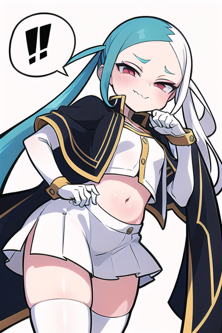 (forehead) red eyes two-tone hair,blue hair,(white hair) two-tone eyebrows hoop earrings straight hair thin long twintails long hair flaps hoop earring ((narrow eyes)) pointy breasts white thighhighs,white gloves