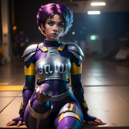 Kanoko, spiky hair,  (short hair),  purple hair,dark-skinned female,green eyes,makeup,(solo1:2) , serious expression,   fully body,
KanArmor, navy blue tight bodysuit ,grey shoulder pads, grey knee pads,grey breastplate,fingerless gloves,cybercop,
(insanely detailed, beautiful detailed face, masterpiece, best quality)    <lora:Kanoko-10:0.8>