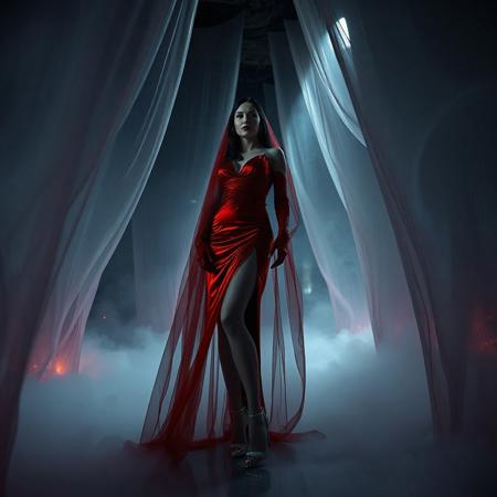 noble norvegian femme fatal lady  posing standing wearing evening GLOSSY THIN RED slime high slit gown, GLOVES  and high heels,   entrapped in  giant long waving  ultrathin transparent fisnet veils, surrounded by  fog from the floor, captured in light beam from celling,  giant slime covered cocoons with encased ladies at background, breeding chamber,  ultrathin waisT, HORROR,  reminiscent of H.R. Giger, Zdzisław Beksinski, and Ash Thorp's dark, sleek styles, with close-up glamour photography, glossy satin and silver heels glistening, fleshy slime dripping, and dark shadows.