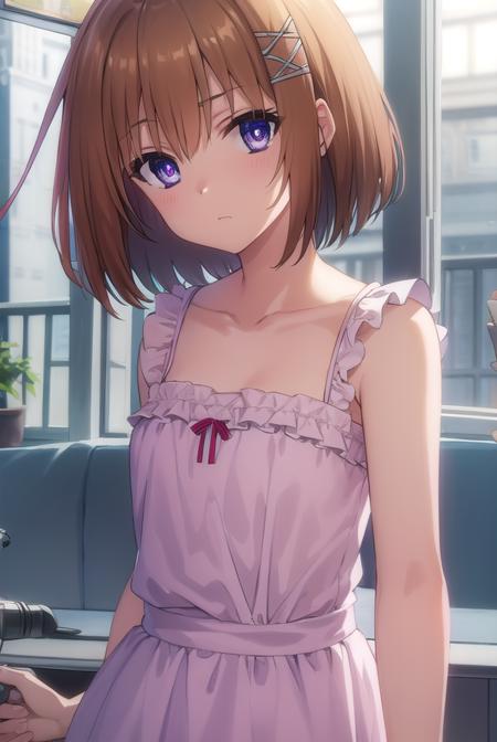 haruna, short hair, brown hair, (purple eyes:1.1), ahoge, hair ornament, x hair ornament, dress, collarbone, frills, bow, sleeveless, bare arms,