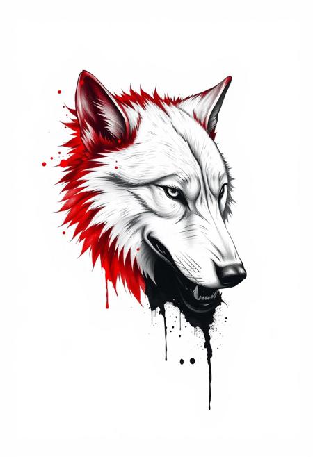 White background, a Wolf's head breaks through the background, the top half of the Wolf's head is red faint blood, the bottom half is black faint ink