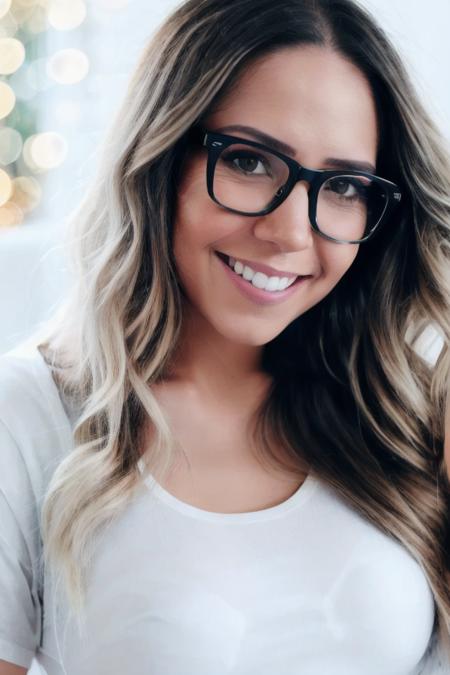 Portrait photo of r3n4t4fr1ss0n woman, (light bokeh)++, (white tshirt)+, detailed face, in a bedroom, glasses, makeup, smile