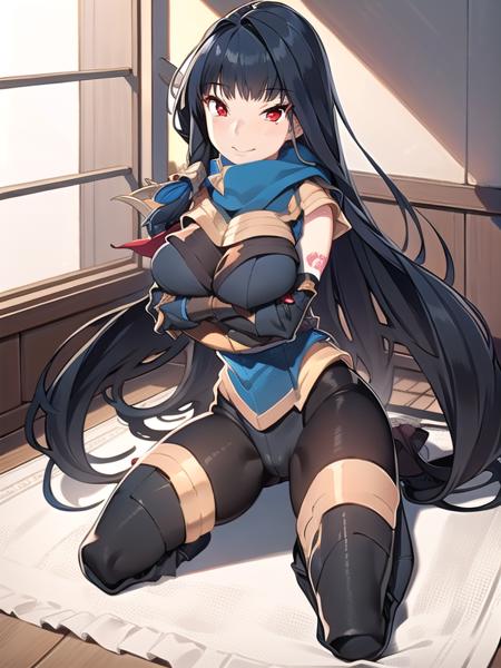 (ultra detailed),(masterpeace),(best quality),(photorealistic),CG,(colour:1.2), beautiful lighting,light from the front,official art,indoors for Japanese-style room,solo, <lora:momochitanba:1>,momochitanba,smile,black hair,long hair,ninja,navy blue suite,red eyes,navy blue scarf,pantyhose,