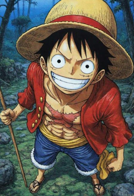 by Noriyoshi Ohrai, (ink, thick outline, comics style illustration by Moebius, milo manara, best quality, masterpiece, realistic, detailed, highly detailed face) of a haunting scene with 1 Monkey Di Luffy necromancer in a dark fantasy Triller bark of diablo. Emphasize eerie atmosphere, high contrast, and interplay of shadow and light, colorful, gothic horror detailed face perspective from below anime, manga, comic, illustration, style by Jesper Ejsing and Frank Frazetta,  Super smiling,Serious