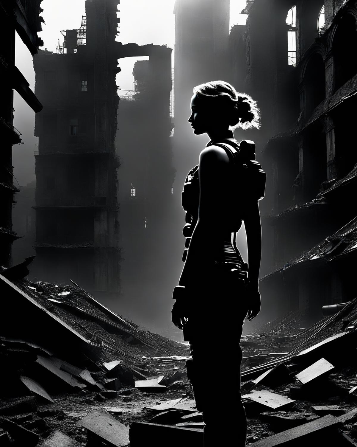 A woman in a black and white photo with a ponytail, standing in a destroyed city.