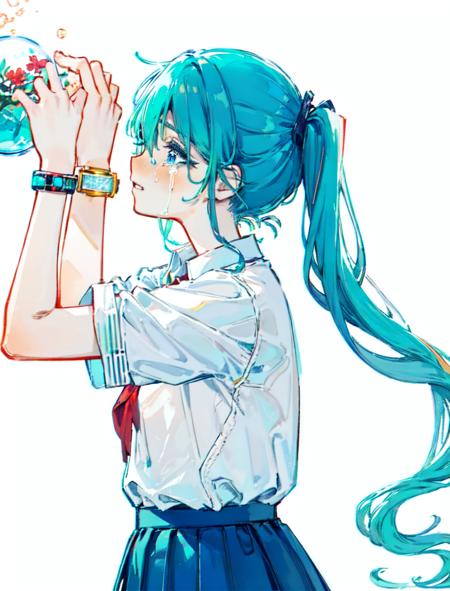 shouhui,limited palette, 1girl, aqua hair, bangs, blue eyes, blue hair, blue skirt, bracelet, bubble, circle, collared shirt, cowboy shot, crying, flower, from side, gradient, gradient background, holding, jewelry, moon, pleated skirt, profile, shirt, short sleeves, skirt, solo, tears, twintails, white shirt, wristwatch, white background, school uniform, two-tone background, sleeves rolled up <lora:shouhuiline:1>