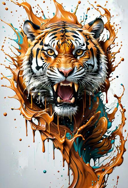a tiger with a big splash of paint all around  it's face,  Background with more painting splash in an intricate spill that leaves the canvas on a 3D s, masterful digital art, spilling juice, caramel, splash image, adi granov, bioart, strong and ferocious, art photograph, smooth drawing, dew, digital screenshot, artistic rendering.