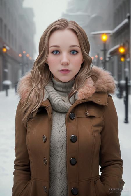 professional portrait photograph of tinaivlev  in winter clothing with short hair, freckles, beautiful symmetrical face, cute natural makeup, wearing elegant winter fashion clothing, ((standing outside in snowy city street)), stunning modern urban upscale environment, ultra realistic, concept art, elegant, highly detailed, intricate, sharp focus, depth of field, f/1. 8, 85mm, medium shot, mid shot, (centered image composition), (professionally color graded), ((bright soft diffused light)), volumetric fog, trending on instagram, trending on tumblr, hdr 4k, 8k