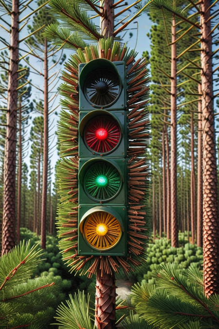 traffic light made of pines and needles, cinematic photography  <lora:Pines_and_Needles:1>
