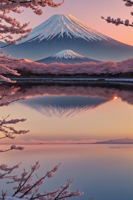Mount Fuji at sunrise, glowing orange and pink sky reflecting on the snow-covered peak, still lake in foreground with perfect reflection, cherry blossom trees framing the view, ultra-realistic, Canon DSLR photo, peaceful atmosphere