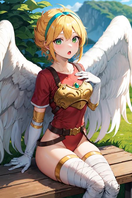 aanina, blonde hair, short hair, floating hair, hairband, green eyes, feathered wings, white wings, armor, red leotard, red shirt, belt, elbow gloves, white gloves, bandages, thighhighs
