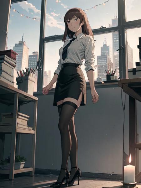 (masterpiece:1.3), (best quality:1.3), <lora:KirikoTakehaya_v2-000006:1>, Kiriko Takehaya, night, candles, black thighhighs, black skirt, high heels, pencil skirt, indoors, office, white shirt, standing, window, building, sky