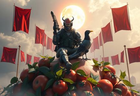 Create a hyperrealistic, highly detailed illustration of Optimus Sun Orientation, a merged character sitting on a Tomato Paradise, inspired by Avigdor Arikha and Greg Rutkowski. The character should wear a flight suit, hold a rocket launcher, and be accompanied by a standing bird. The scene should have red banners, be symmetrically composed, and feature a glow effect. The image should be rendered in Unreal Engine 5 with Octane Render and cinematic lighting.