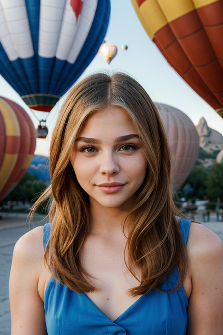 ChloeMoretz, photography by (Rodney Smith:1.3), ((upper body focus, shoulders)), modelshoot, pose, (facing viewer, Cappadocia, hot air balloons, looking at viewer, blurry background, bokeh, ID photo:1.3), serious look