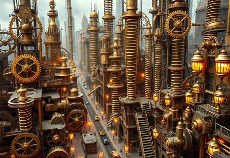 springpunk cityscape, intricate and exposed gears, visible coiled springs powering every structure, brass and copper tones, massive wind-up mechanisms driving city movement, clockwork devices visible in all aspects of the architecture, large winding keys embedded in buildings, complex pulley systems connecting structures, delicate springs in constant motion, cranks and levers powering transportation, spiraling springs stretching between towering structures, rhythmic ticking and clanging of metal, polished brass gears turning harmoniously, spring-loaded elevators and vehicles, shining metallic surfaces reflecting light, visible winding mechanisms, photorealism, high resolution, ((masterpiece)), interconnected gear networks controlling the city’s operation, massive pistons pushing the city forward, winding staircases made of springs, tightly coiled springs pulsing with energy, mechanical birds flying on spring-driven wings, glowing brass lanterns lit by clockwork power, harmonic movement of all mechanical elements, intricate coil patterns embedded in streets and structures