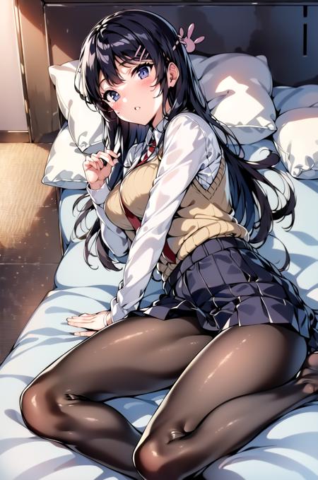 (masterpiece,best quality, detailed), solo, indoors, lying, on side, on bed, bed, 
sakurajima mai, red necktie, white shirt, blue skirt, sweater vest, hairclip, rabbit hair ornament, black pantyhose, barefoot