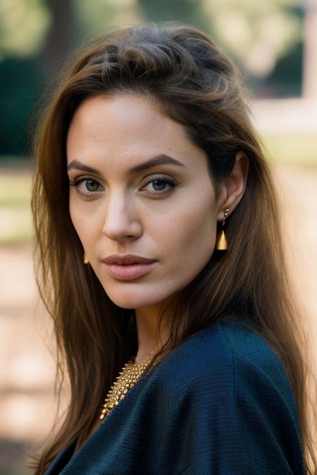 Realistic photo of a beautiful 4ng3l1n4j-v2 woman,  1girl, solo, long hair, looking at viewer, brown hair, jewelry, earrings, lips, blue background, portrait, realistic, soft lighting, professional Photography, Photorealistic, detailed, RAW, analog, sharp focus, 8k, HD, DSLR, high quality, Fujifilm XT3, film grain, award winning, masterpiece<lora:4ng3l1n4j-v2:1.0>